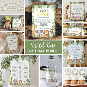 Bearbeitbares Wild One 1. Geburtstagseinladungskit, Safari-Geburtstagseinladungspaket, Safari-Tiere-Partypaket, druckbare Vorlage. A008