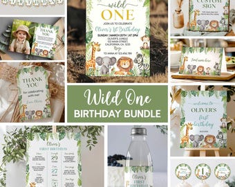 Editable Wild One 1st Birthday Invitation Kit, Safari Birthday Invitation Bundle, Safari Animals Party Package, Printable Template. A008