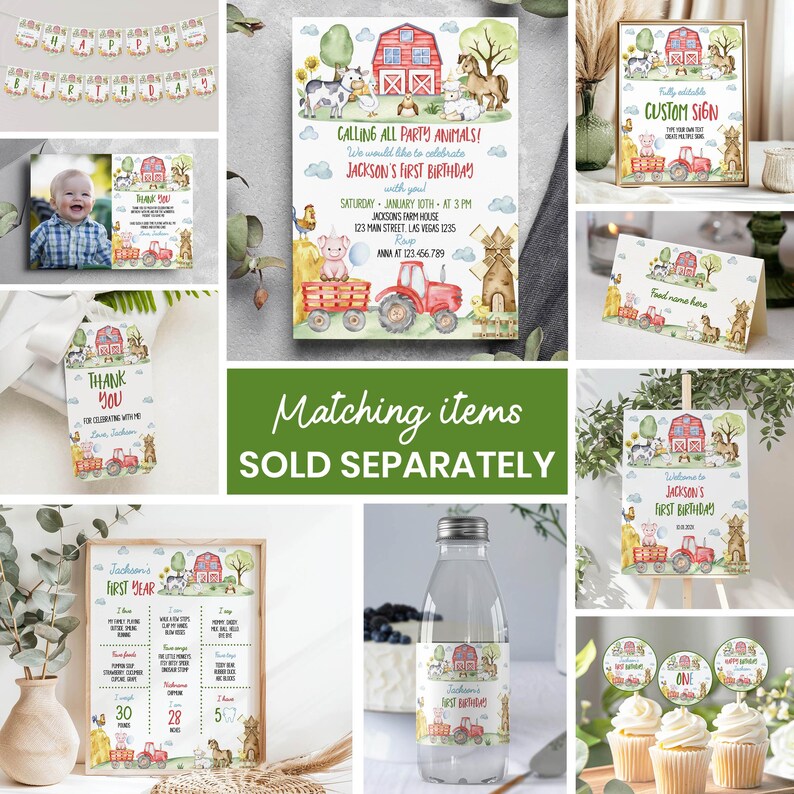 May include: A collection of farm-themed birthday party supplies including a banner, invitation, thank you tag, milestone board, water bottle label, food tent card, and cupcake toppers, all featuring watercolor illustrations of a red barn and animals.
