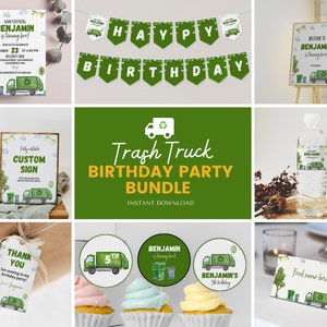 Op de afbeelding: Een groene en gele printbare feestbundel voor een vuilniswagen-thema verjaardagsfeest. De bundel bevat een welkomstbord, een verjaardagsbanner, een aangepast bord, cupcaketoppers, waterfleslabels en bedankkaartjes. De tekst op het bord zegt "Welkom bij Benjamin die vijf wordt!" en de banner zegt "Happy Birthday".