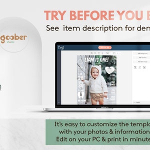 May include: A laptop screen displaying a customizable birthday milestone template featuring a photo of a toddler in a hooded jacket. The interface includes text fields for name, age, height, weight, and favorite items. The screen shows the text LIAM IS ONE.