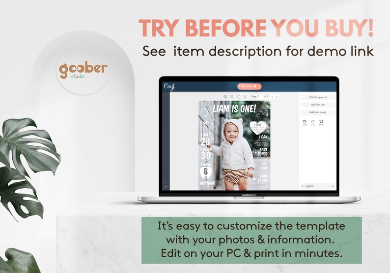 May include: A laptop screen displaying a customizable birthday milestone template featuring a photo of a toddler in a hooded jacket. The interface includes text fields for name, age, height, weight, and favorite items. The screen shows the text LIAM IS ONE.