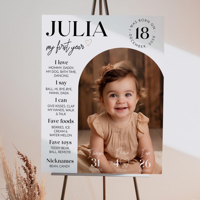 EDITABLE First Birthday Milestone Sign, Modern 1st Birthday Milestone Poster, One Year Photo Baby Milestone Board, Printable Template. #M004