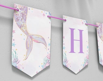 Editable Mermaid Banner, Mermaid Birthday Banner, Mermaid Party Decoration, Mermaid Tail, Under The Sea Birthday, Customizable Template M010