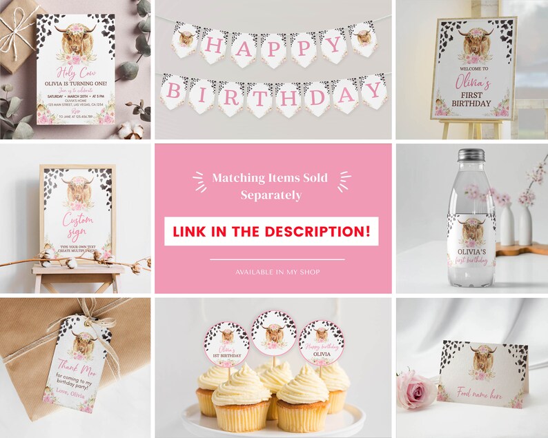 May include: A set of printable party decorations featuring a Highland cow design. The set includes a banner, cupcake toppers, a welcome sign, a water bottle label, a thank you tag, and a custom sign. The decorations are in pink, black, and white with a floral design.