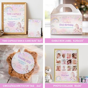 May include: A collection of party stationery featuring a unicorn, rainbow, and cloud theme. Includes an 8x10 inch time capsule sign, 5x7 inch card, 6.25x3.5 inch gable box label, 2x2 inch favor tag, and a 16x20 inch photo collage poster.