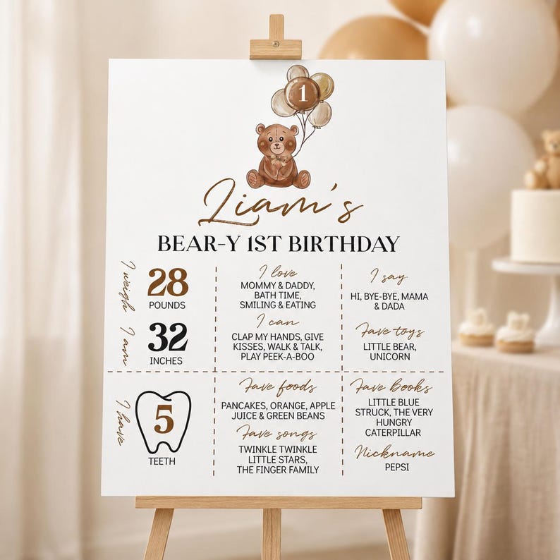 Puede incluir: Un cartel de cumplea&ntilde;os blanco con una ilustraci&oacute;n de un oso de peluche marr&oacute;n y globos, el texto Liam's BEAR-Y 1ST BIRTHDAY, y secciones que detallan 28 libras, 32 pulgadas, 5 dientes, y las comidas, canciones y libros favoritos.