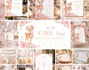 Könnte beinhalten: Ein Geburtstags-Deko-Set mit einem Aquarell-Rehkitz, das eine rosa Mütze und einen Schal trägt, umgeben von rosa Rosen und goldenen Punkten. Das Set enthält Schilder, Flaschenetiketten, Geschenkanhänger, Tortenstecker und florale Banner.