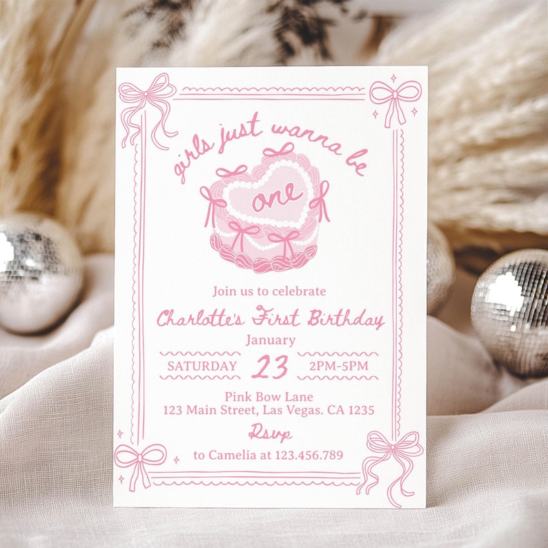 Girls Just Wanna Be One Invite, Coquette Pink Bow First Birthday Invitation, Preppy Pink Girl 1st Birthday, Vintage Cake Retro Template C014