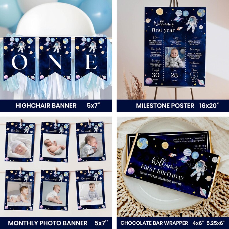 Pacchetto di inviti per il primo compleanno intorno al sole, decorazioni per la festa del primo compleanno nello spazio, pacchetto per la festa della galassia, download immediato. O006 immagine 4