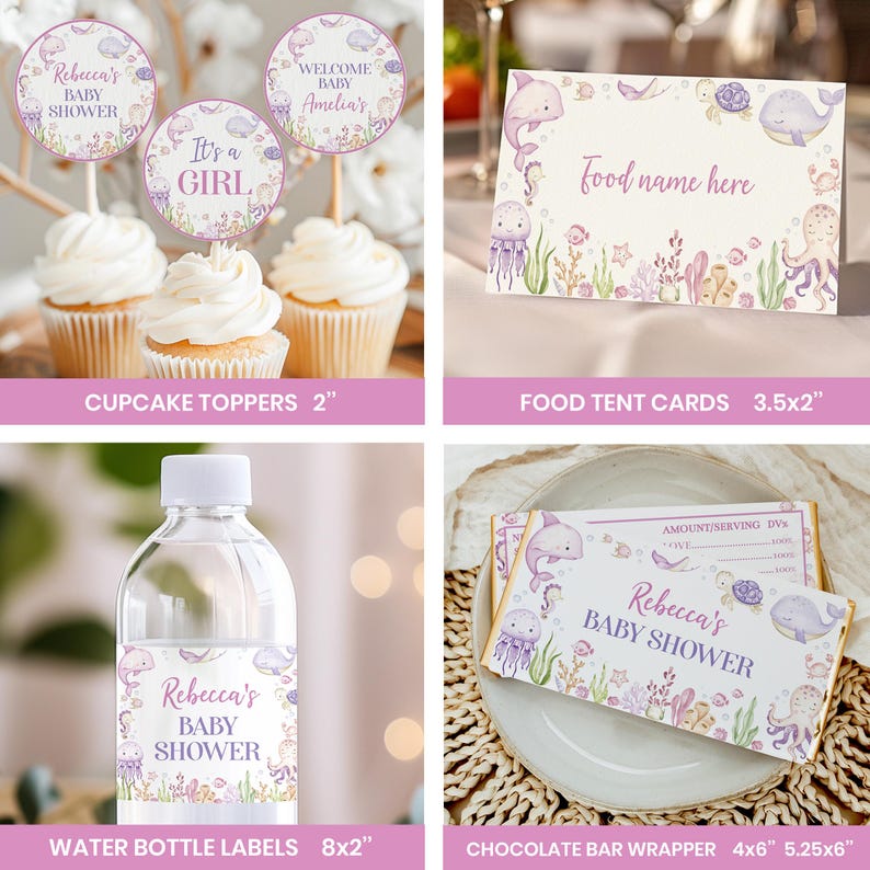 Puede incluir: Un conjunto de art&iacute;culos para baby shower con tem&aacute;tica oce&aacute;nica que incluye ilustraciones de ballenas, medusas y pulpos. Incluye adornos para cupcakes de 5,08 cm, tarjetas de 8,89x5,08 cm, etiquetas de 20,32x5,08 cm y envoltorios de 10,16x13,34 cm.
