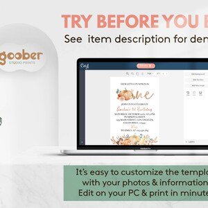May include: A laptop screen displaying a customizable digital birthday invitation template featuring pumpkin and floral graphics, with the text Our Little Pumpkin Is One, Amelia's 1st Birthday, and event details, set against a white background.