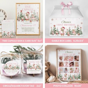 May include: A collection of birthday party stationery featuring a time capsule sign and card, a gable box label, favor tags, and a photo collage. Each item displays illustrations of woodland animals in winter attire and pink snowflake accents.