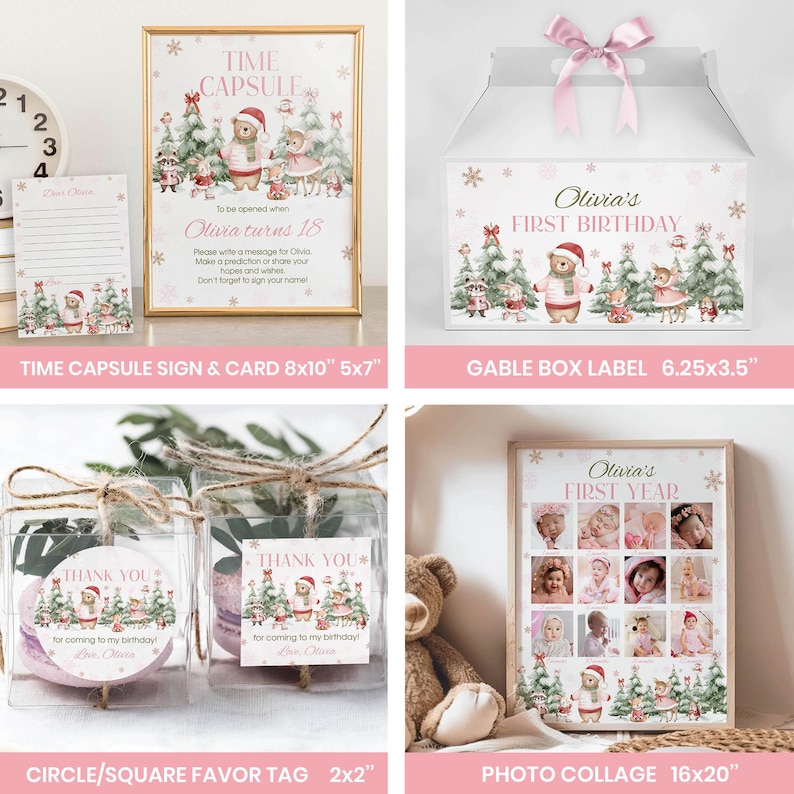 May include: A collection of birthday party stationery featuring a time capsule sign and card, a gable box label, favor tags, and a photo collage. Each item displays illustrations of woodland animals in winter attire and pink snowflake accents.