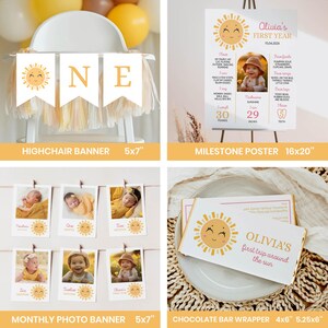 Puede incluir: Un conjunto de decoraciones de cumplea&ntilde;os con tem&aacute;tica de sol que incluye una pancarta para trona, un p&oacute;ster de hitos de 40,6x50,8 cm, una pancarta de fotos mensual con tarjetas de 12,7x17,8 cm y un envoltorio de chocolate de 10,2x13,3 cm con el nombre Olivia.