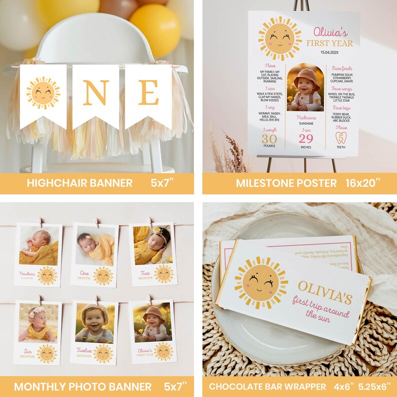 Puede incluir: Un conjunto de decoraciones de cumplea&ntilde;os con tem&aacute;tica de sol que incluye una pancarta para trona, un p&oacute;ster de hitos de 40,6x50,8 cm, una pancarta de fotos mensual con tarjetas de 12,7x17,8 cm y un envoltorio de chocolate de 10,2x13,3 cm con el nombre Olivia.