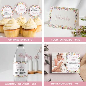 May include: A collection of party supplies featuring a floral design, including 2-inch round cupcake toppers, 3.5x2-inch food tent cards, 8x2-inch water bottle labels, and 7x5-inch thank you cards with text including First Birthday and Thank You.