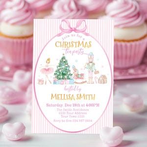 May include: A rectangular invitation card with a pink and white striped background featuring a central oval frame with a pink bow. The text reads Join us for a CHRISTMAS tea party hosted by MELLISA SMITH, Saturday, Dec 18th at 4:00PM, The Smith Residence, 2335 Your Address, Your Town 2335, RSVP to Eva 234 567 3454. Illustrations include a ballerina, a Christmas tree, a rocking horse, a nutcracker, and a gingerbread house.
