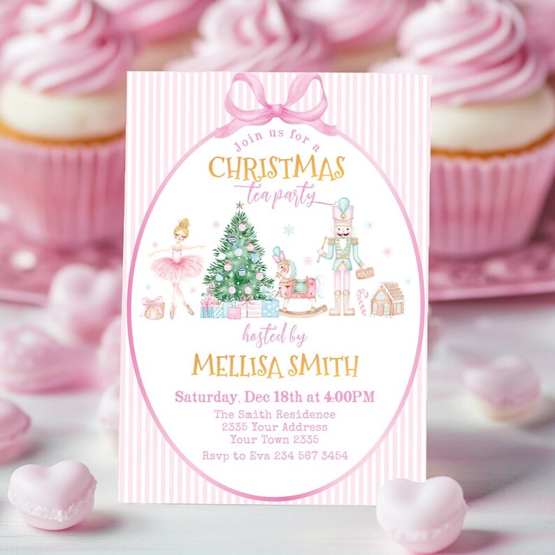 May include: A rectangular invitation card with a pink and white striped background featuring a central oval frame with a pink bow. The text reads Join us for a CHRISTMAS tea party hosted by MELLISA SMITH, Saturday, Dec 18th at 4:00PM, The Smith Residence, 2335 Your Address, Your Town 2335, RSVP to Eva 234 567 3454. Illustrations include a ballerina, a Christmas tree, a rocking horse, a nutcracker, and a gingerbread house.