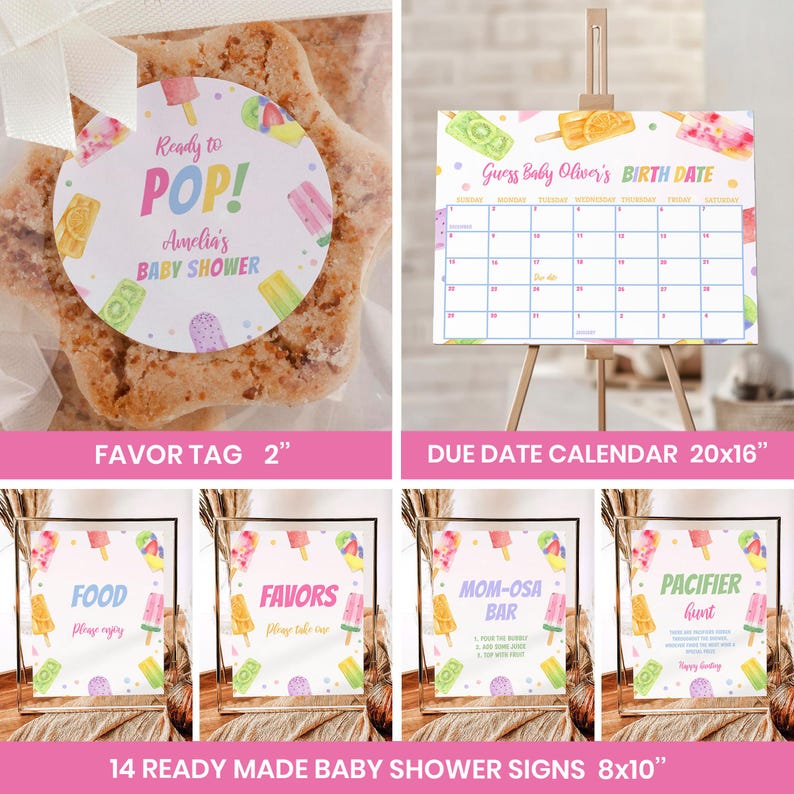 May include: A collection of baby shower stationery featuring popsicle illustrations. Includes a 2-inch round favor tag, a 20x16-inch due date calendar, and 8x10-inch signs for food, favors, a mom-osa bar, and a pacifier hunt, all with colorful text.