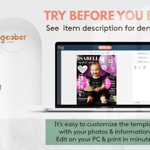 May include: A laptop screen displaying a magazine cover template for a first birthday. The cover features a photo of a baby girl, a pink and purple color scheme, and the text "ISABELLA my first year". The text "TRY BEFORE YOU BUY!" is displayed above the laptop.