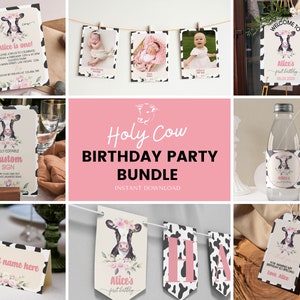 Editable Holy Cow I'm One Invitation Bundle, Cow Theme Birthday Party Kit, Farm Cow 1st Birthday Party Package, Printable Template. #C004