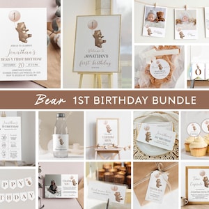 Editable Beary First Birthday Invitation Bundle, Modern Bear 1st Birthday Party Kit, Teddy Bear Birthday Decor Package Instant Download B009