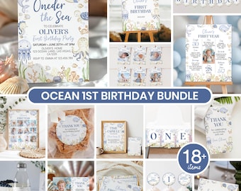 May include: An ocean-themed first birthday party bundle featuring a collection of printable items including invitations, milestone posters, banners, thank you tags, and cupcake toppers, all decorated with watercolor sea creatures and blue text.