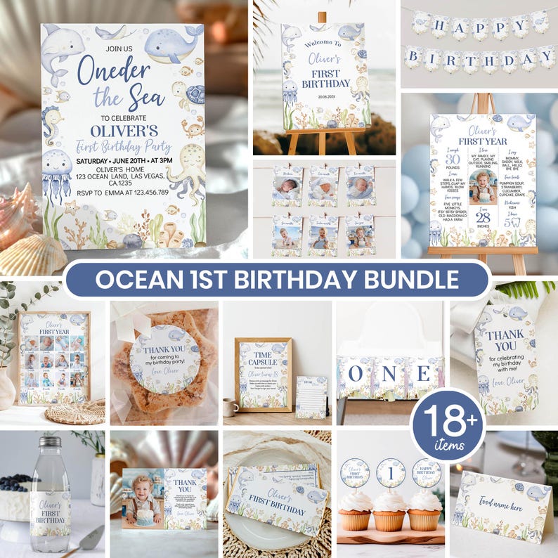 Editable Under The Sea Birthday Invitation Bundle, Ocean Birthday Decorations Kit, Oneder The Sea 1st Birthday Bundle, Printable
