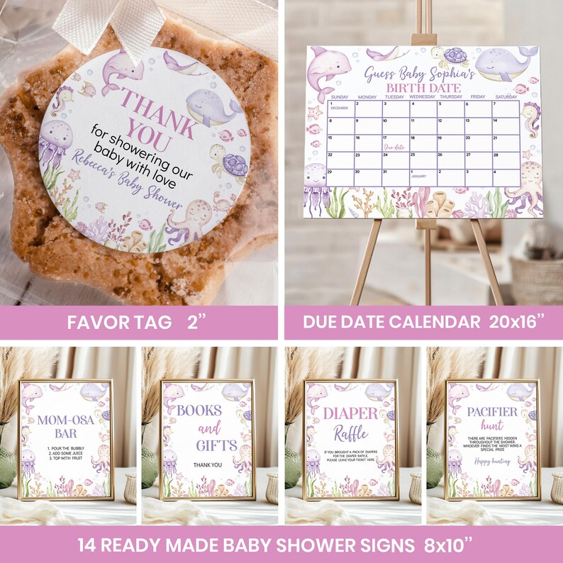 Puede incluir: Un conjunto de papeler&iacute;a para baby shower con ilustraciones de delfines, ballenas y criaturas marinas. Incluye una etiqueta redonda de 5 cm, un calendario de 51x41 cm y carteles de 20x25 cm para diversas actividades y juegos de la celebraci&oacute;n.