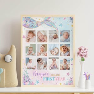 May include: A pink and blue mermaid-themed first year photo collage with 12 photos of a baby girl. The collage has a mermaid tail, stars, and seashells. The text "Mayra's First Year" is at the bottom of the collage.