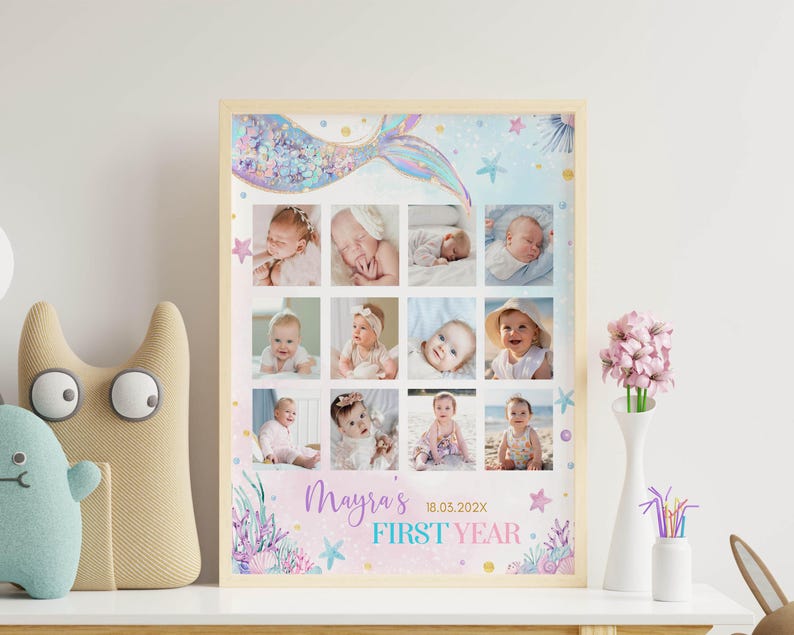 May include: A pink and blue mermaid-themed first year photo collage with 12 photos of a baby girl. The collage has a mermaid tail, stars, and seashells. The text "Mayra's First Year" is at the bottom of the collage.
