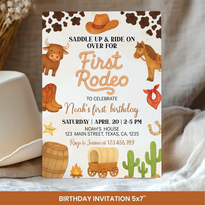 以下が含まれることがあります： 「Saddle Up & Ride On Over For First Rodeo」のテキストが入った、ウエスタンをテーマにした誕生日招待状。カウボーイハット、雄牛、馬、ブーツ、ワゴンなどのイラストが特徴です。招待状のサイズは12.7 x 17.8 cmです。