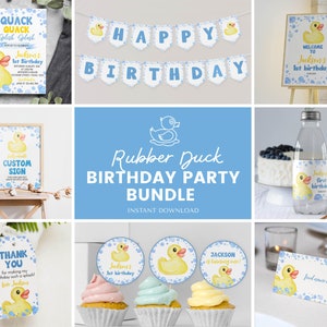 Pacote de convites editáveis para o primeiro aniversário de um patinho de borracha clássico, kit de aniversário de um patinho amarelo, pacote para festa de primeiro aniversário de um menino. D008