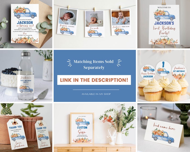 May include: A collection of party stationery featuring a blue truck carrying pumpkins, including invitations, photo banners, welcome signs, water bottle labels, cupcake toppers, thank you tags, custom signs, and food name cards with text.