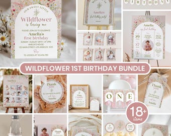 Wildflower First Birthday Invitation Bundle, Boho Flower Birthday Party Decor Kit, Wild One Floral Birthday Package, Instant Download. W014