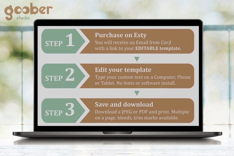 Puede incluir: Una pantalla de computadora port&aacute;til que muestra una gu&iacute;a de tres pasos para comprar y editar una plantilla digital en Etsy. Los pasos son: 1. Comprar en Etsy, 2. Editar tu plantilla y 3. Guardar y descargar. Los pasos se muestran en un esquema de color verde y marr&oacute;n.
