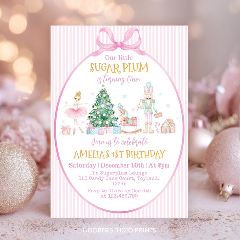 Nutcracker Birthday Invitation, Sugar Plum Party Template, Pink Fairy Christmas 1st Birthday Invite, Instant Download. N004