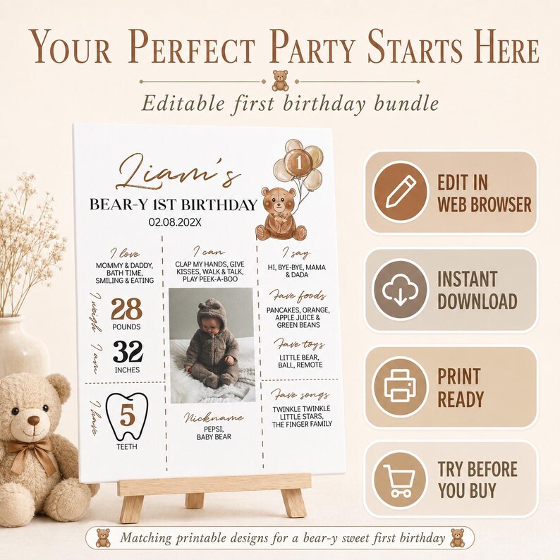 Editable Beary First Birthday Invitation Set, Neutral Bear 1st Birthday Bundle, Teddy Bear Birthday Decor Kit, Instant Download. T004 image 2