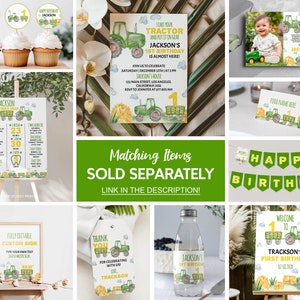 May include: A set of printable party decorations for a first birthday party with a tractor theme. The decorations include a welcome sign, a thank you sign, a banner, cupcake toppers, a water bottle label, and a sign for a food table. The decorations are green, yellow, and brown with a watercolor style.