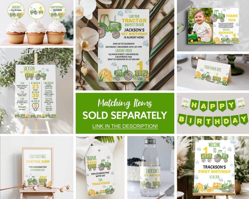 May include: A set of printable party decorations for a first birthday party with a tractor theme. The decorations include a welcome sign, a thank you sign, a banner, cupcake toppers, a water bottle label, and a sign for a food table. The decorations are green, yellow, and brown with a watercolor style.