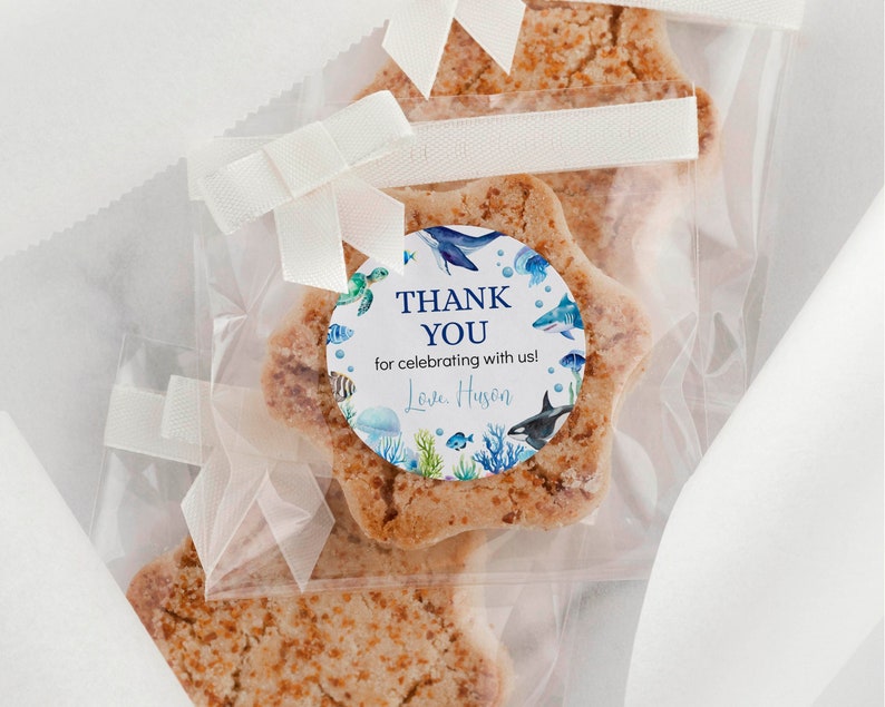 Pu&ograve; includere: Biscotti a forma di stella confezionati in sacchetti di plastica trasparente con fiocchi di nastro bianco. Ogni sacchetto presenta un adesivo circolare con testo blu THANK YOU for celebrating with us! Love, Huson, e illustrazioni marine.