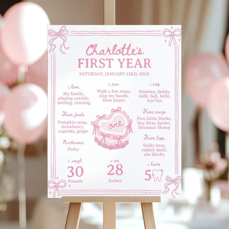 Pink Bow 1st Birthday Milestone Board, Pink Coquette Valentine First Birthday Milestone Poster, 1st Birthday Girl Sign Template