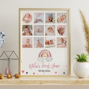 Boho Rainbow First Birthday Photo Board, Custom Baby Milestone Poster, Girl Birthday Party Decor, 1st Year Photo Collage Sign Template. R003 image 5