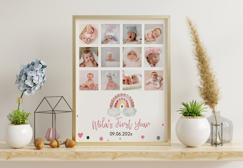 Boho Rainbow First Birthday Photo Board, Custom Baby Milestone Poster, Girl Birthday Party Decor, 1st Year Photo Collage Sign Template. R003 image 5