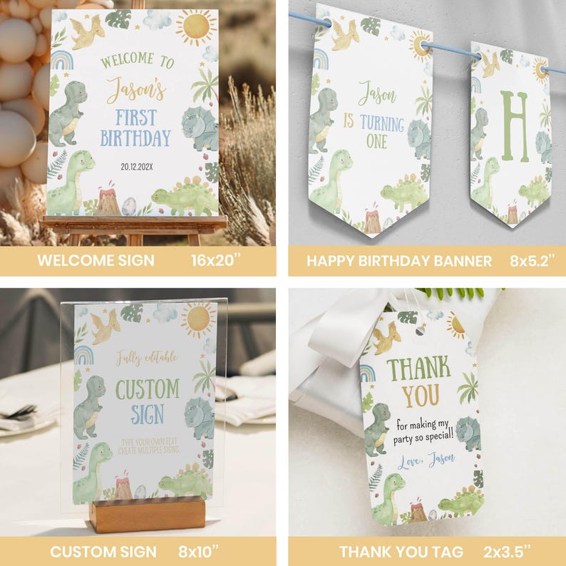 May include: A collection of dinosaur-themed party stationery including a 16x20 inch welcome sign, 8x5.2 inch banner flags, an 8x10 inch custom sign, and a 2x3.5 inch thank you tag, all featuring green dinosaurs, palm leaves, and sun icons.