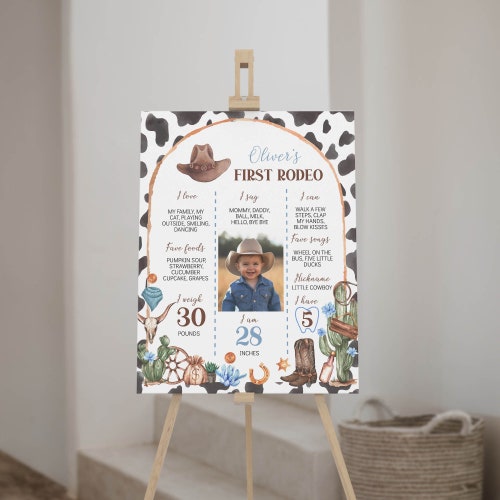 Panneau MODIFIABLE Mon premier rodéo, affiche photo Cowboy pour le premier anniversaire du 1er anniversaire, tableau du premier anniversaire du Far West, modèle imprimable. C011