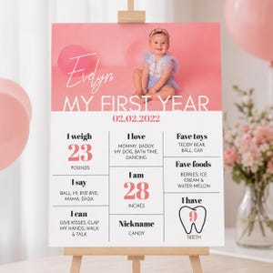 May include: A milestone birthday sign featuring a photo of a baby in a blue dress against a pink background. The text includes the name Evelyn, My First Year, date 02.02.2022, and details like 23 pounds, 28 inches, 9 teeth, and favorite things.