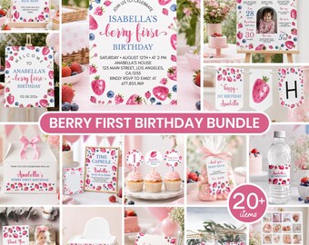 May include: A berry first birthday party decoration bundle featuring over 20 items including invitations, milestone signs, cupcake toppers, water bottle labels, and banners. Each piece displays a white background with pink strawberries and blue blueberries.