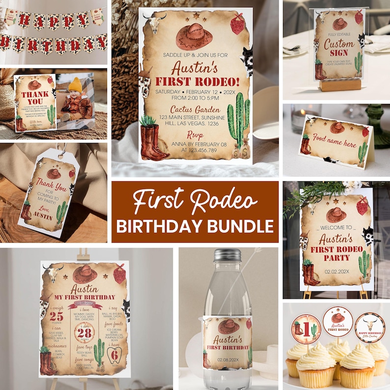 May include: A First Rodeo birthday party bundle featuring paper stationery with a western theme. Items include a banner, invitation, thank you card, food labels, welcome sign, milestone board, water bottle label, and cupcake toppers with cowboy motifs.